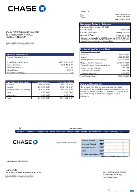 Download United Kingdom Chase bank mortgage statement in Word and PDF formats Photoshop template